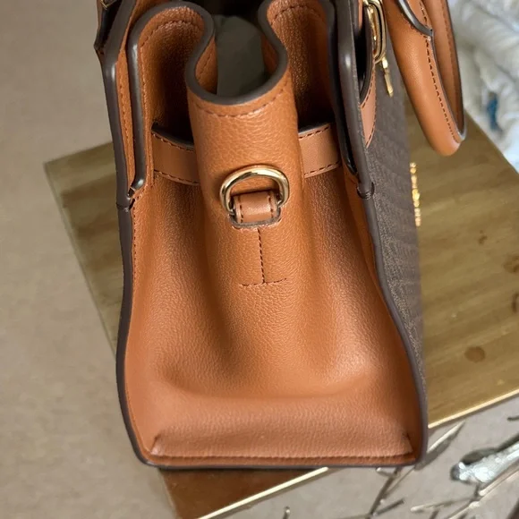 Michael Kors Brown/Tan MK Logo Satchel with Gold Accent - Picture 3 of 7